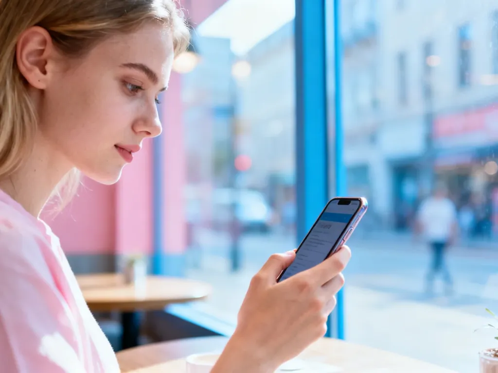 Młoda kobieta przeglądająca treści na smartfonie w nowoczesnej kawiarni, co nawiązuje do internetowej aktywności.