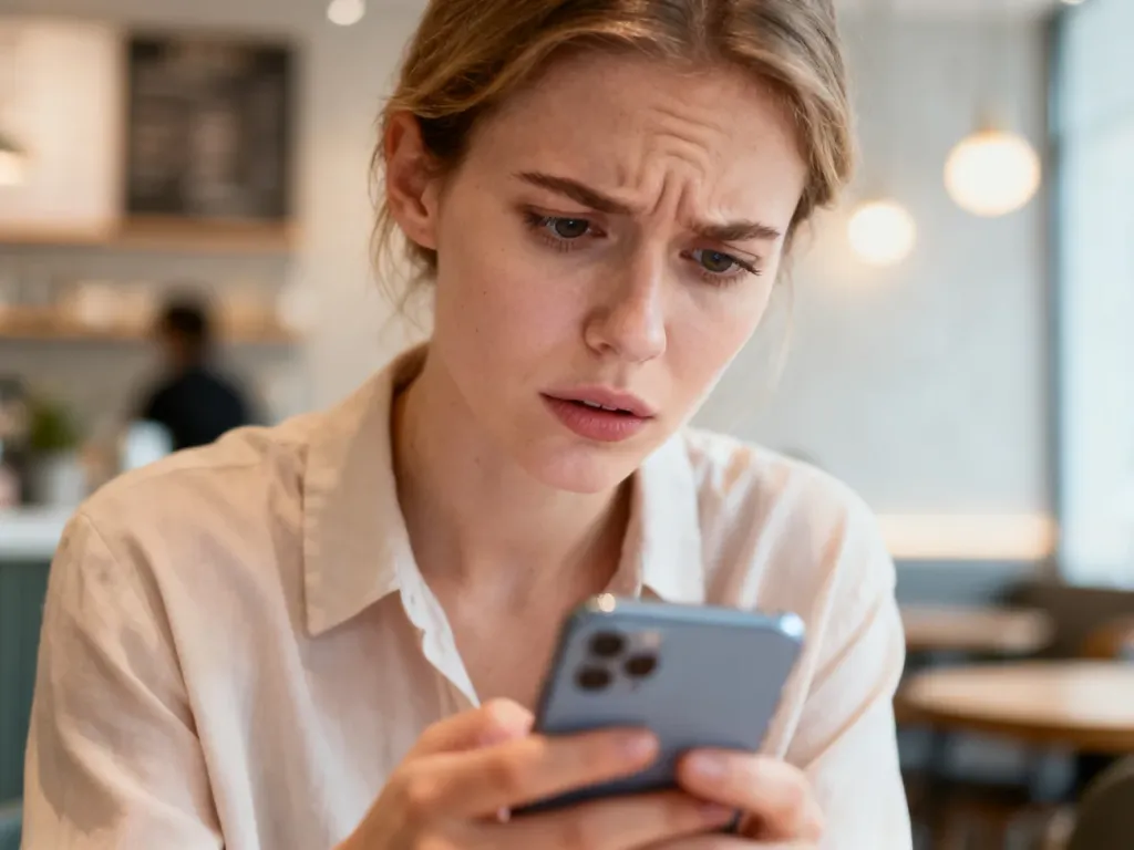Zamyślona kobieta patrząca na ekran smartfona w kawiarni, ilustrująca sytuację, w której nie znamy odpowiedzi na pytanie.
