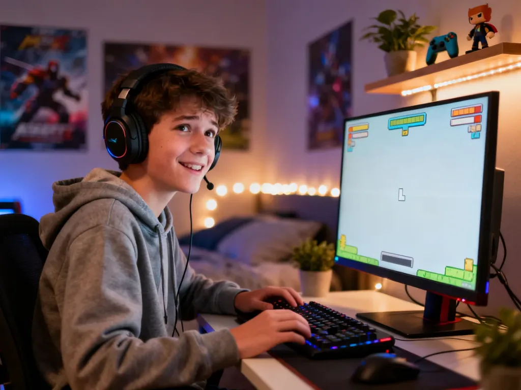 Nastolatek gracz przy komputerze, lekko zmieszany, poznaje prostą kolorową grę, symbolizując bycie „bambikiem” w gamingu.