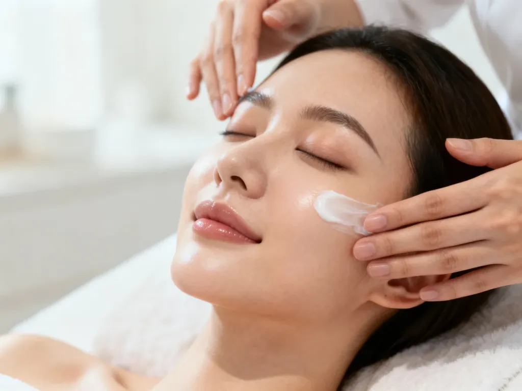 Kobieta z promienną cerą podczas profesjonalnego zabiegu pielęgnacyjnego w salonie spa.
