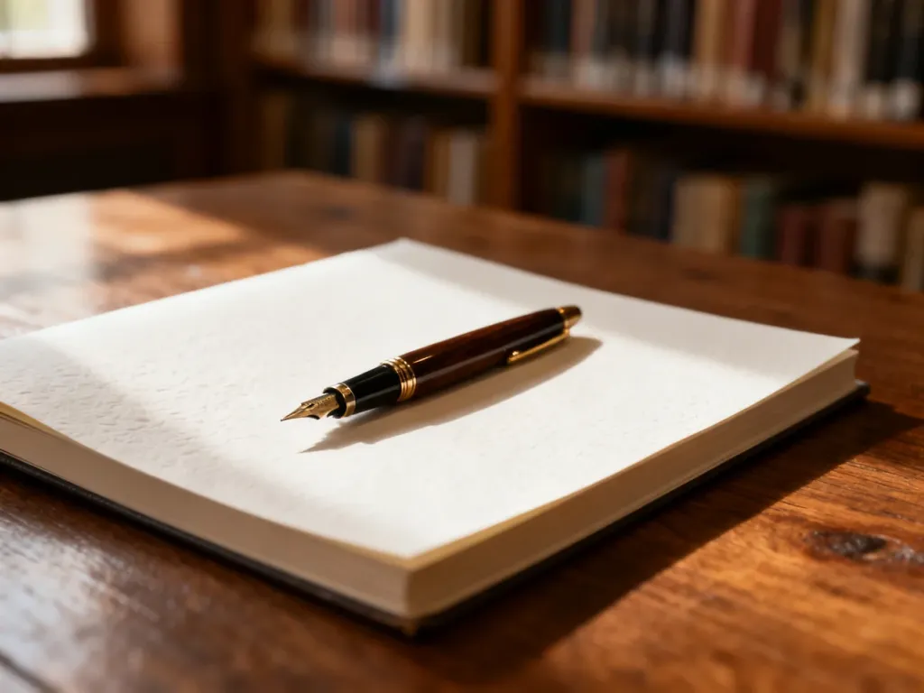 Elegancki notes z piórem na drewnianym stole w przytulnej bibliotece, tworzący atmosferę sprzyjającą pisaniu i nauce.