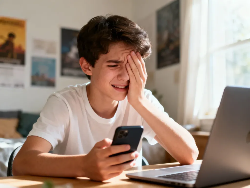 Młoda osoba z zażenowaniem patrzy na ekran smartfona, co obrazuje uczucie cringe'u podczas przeglądania treści w sieci.