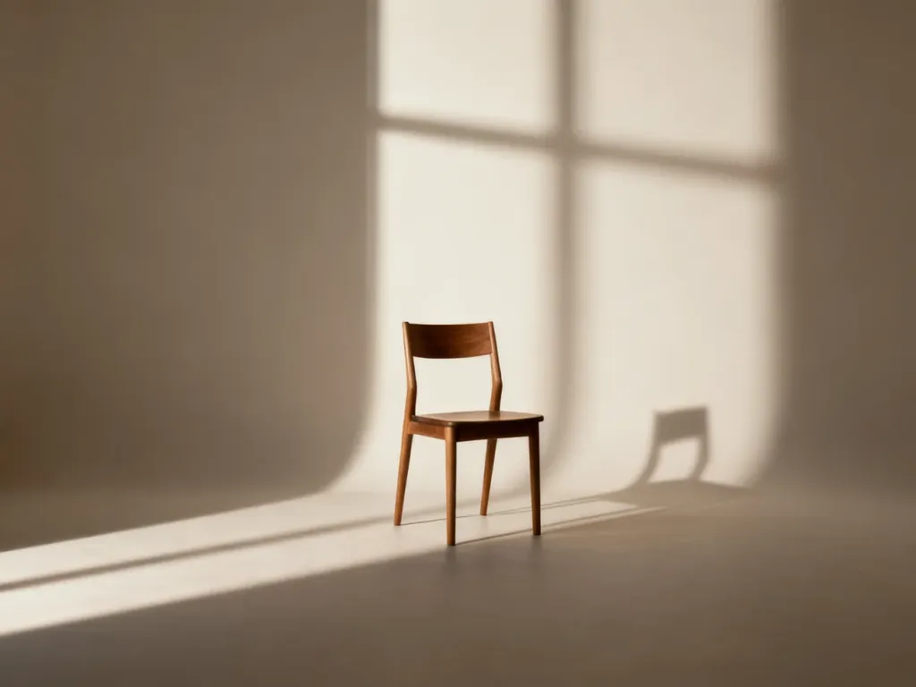 Puste krzesło w minimalistycznym pokoju, symbolizujące samotność i przestrzeń do autorefleksji nad relacjami.