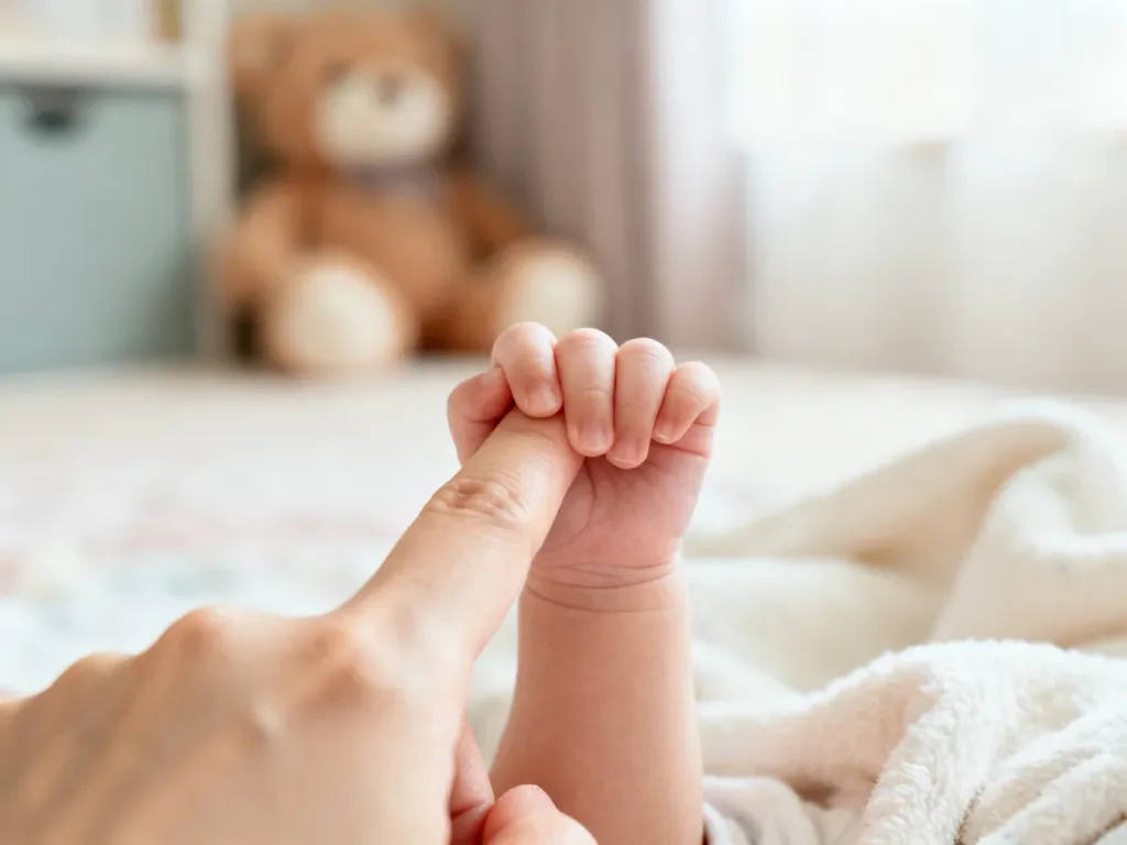 Dłoń niemowlęcia ściskająca palec dorosłego, ciepłe, przytulne tło podkreśla czułość i znaczenie słowa „bombelek”