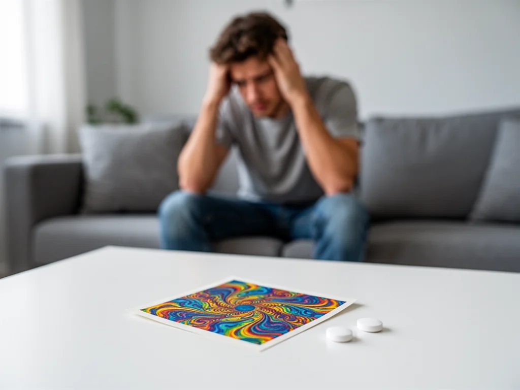 Kolorowy znaczek psychodeliczny i tabletki na stole, w tle zamyślony mężczyzna rozważający skutki zażycia 2C-B