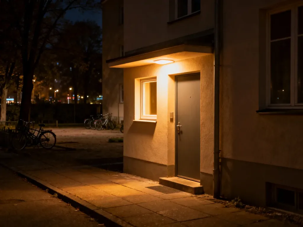 Nocne wejście do skromnej kamienicy z ciepłym światłem nad drzwiami, sugerujące obecność dozorcy w środku.