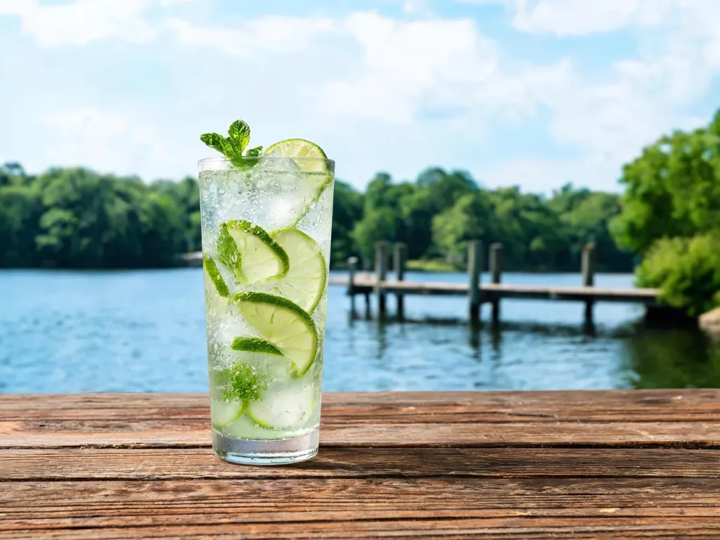 Orzeźwiające mojito w wysokiej szklance na drewnianym stole, w tle spokojne jezioro i molo w letniej aurze.
