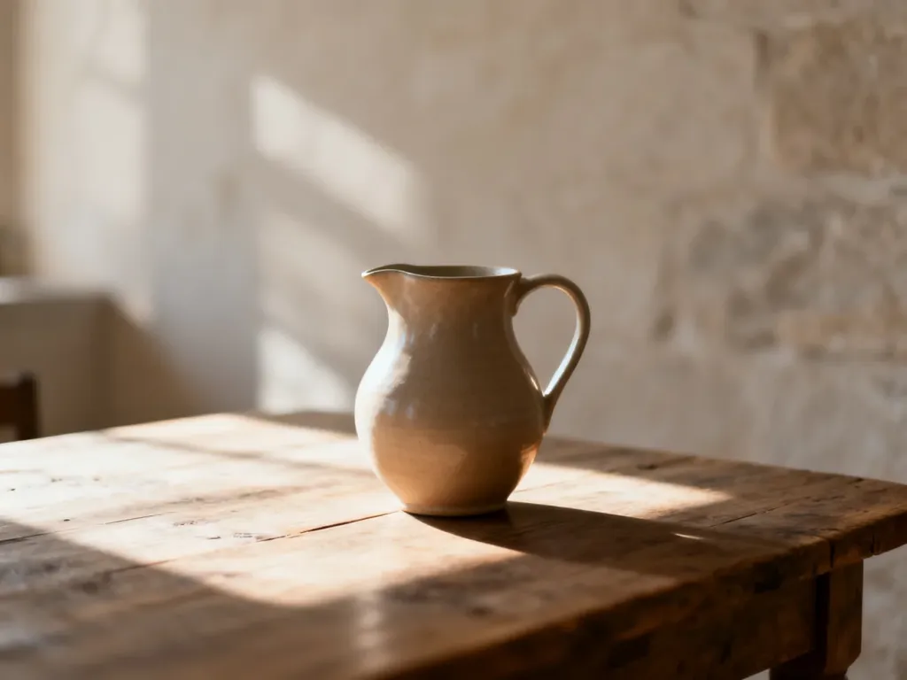 Elegancki ceramiczny dzban o ziemistej fakturze, stojący na rustykalnym drewnianym stole w świetle poranka.