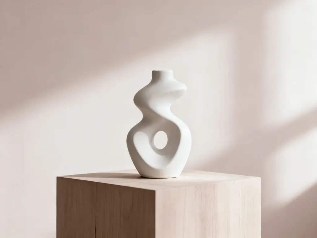 Minimalistyczna, biała ceramiczna rzeźba na drewnianym postumencie, symbolizująca estetykę i artystyczną formę.