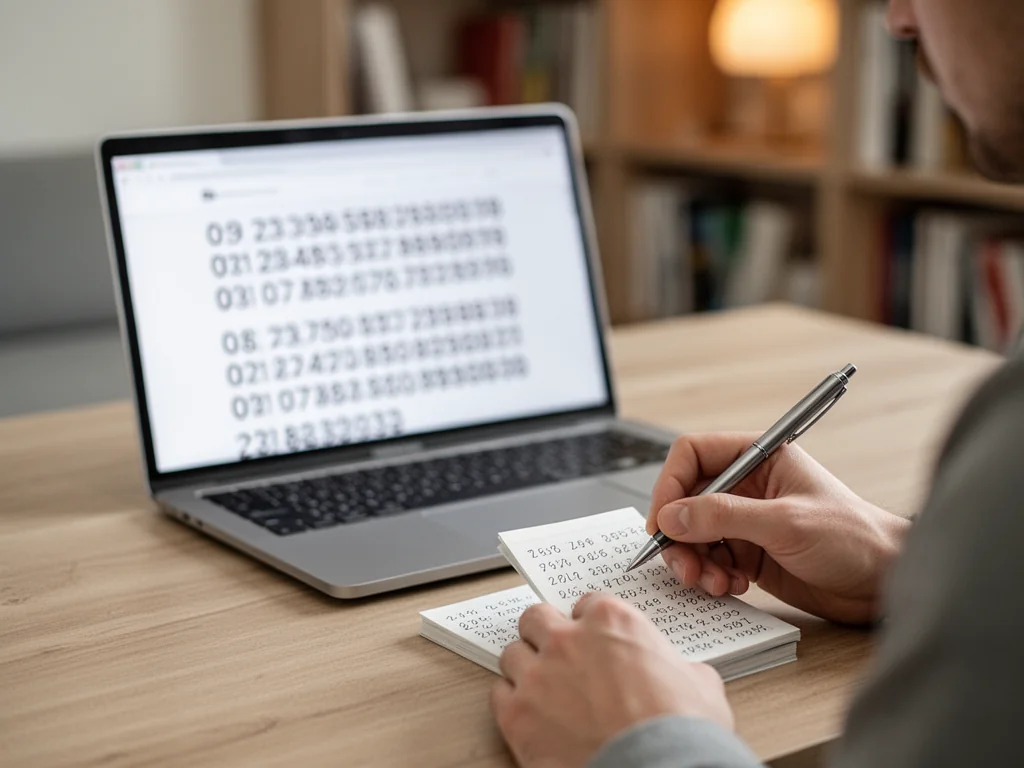 Osoba przy biurku analizuje długi ciąg cyfr na ekranie laptopa i w notatniku, podkreślając tajemniczość numeru 177013.