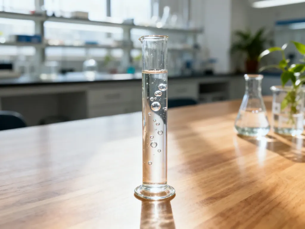 Szklany bulbulator z wodą na drewnianym stole, unoszące się bąbelki ilustrują zasadę działania urządzenia w warunkach laboratoryjnych.