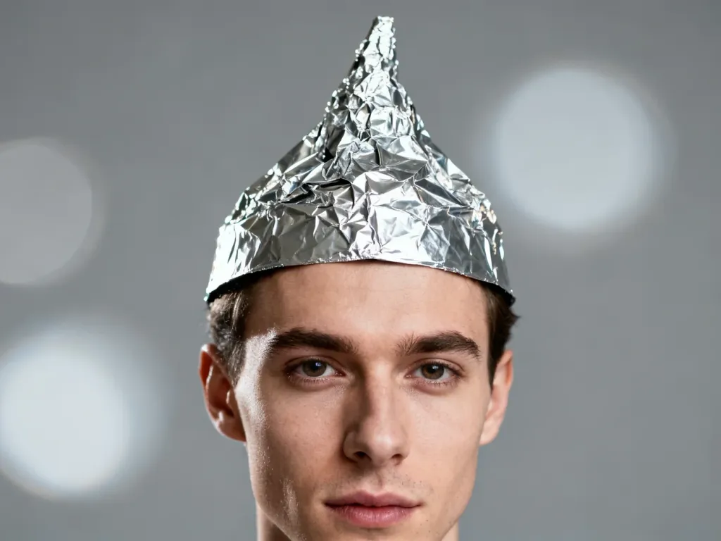 Osoba w czapce z folii aluminiowej na głowie, symbolizująca stereotypowe wyobrażenie o „foliarzu”.