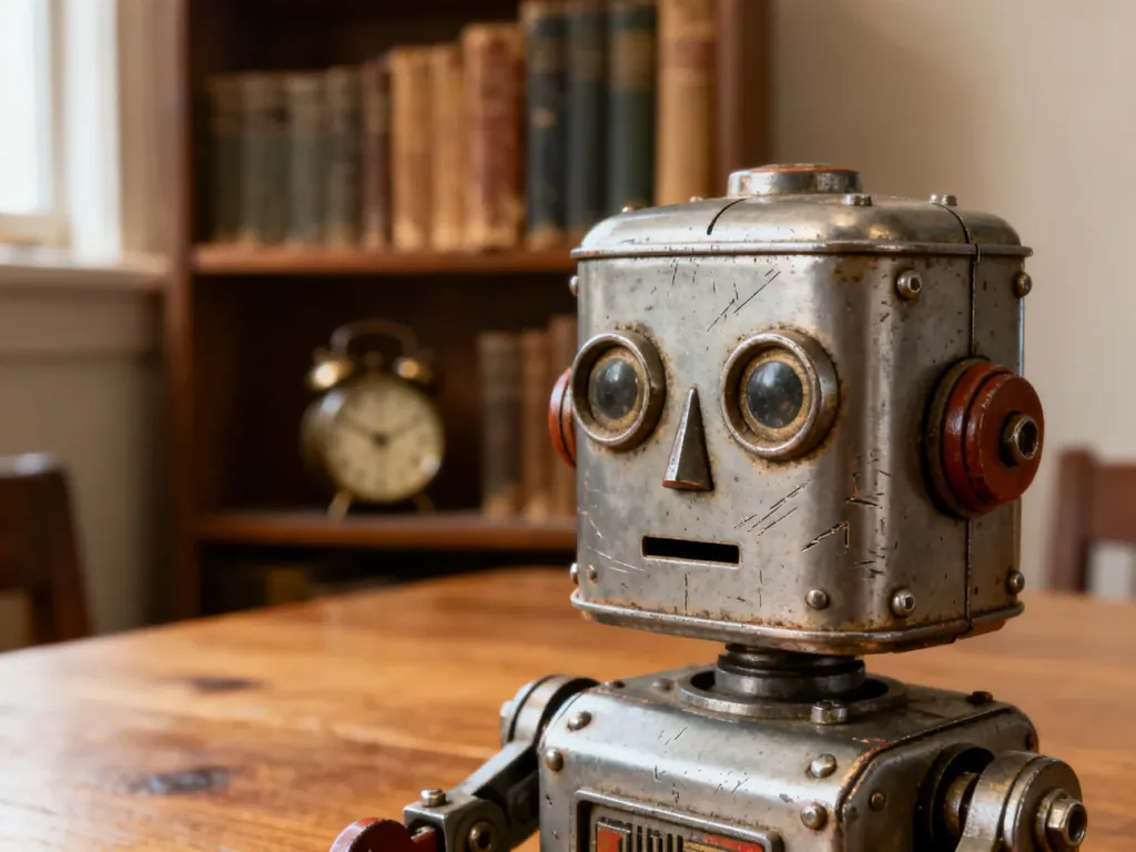Zabytkowa głowa metalowego robota na drewnianym stole, nawiązująca do retro estetyki mechanicznej.
