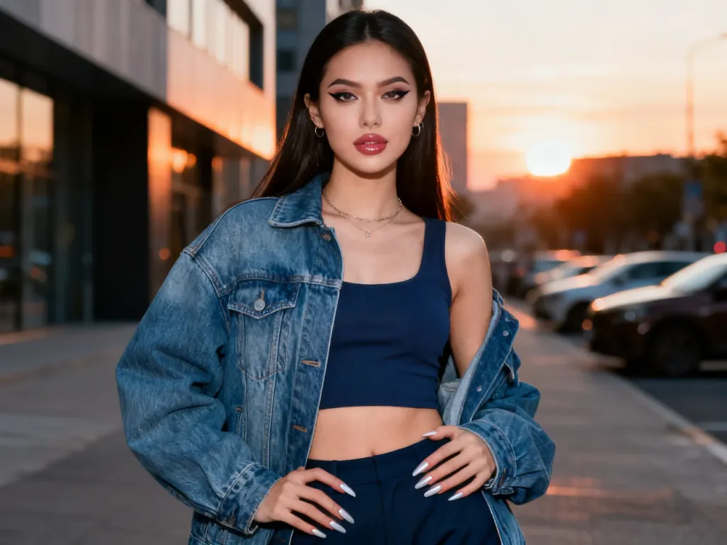 Pewna siebie młoda kobieta w stylu baddie na miejskiej ulicy, w modnym streetwearze i wyrazistym makijażu.
