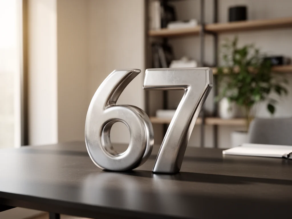 Metaliczna liczba 67 stojąca na biurku, minimalistyczne wnętrze w tle, skupienie na symbolice liczby.