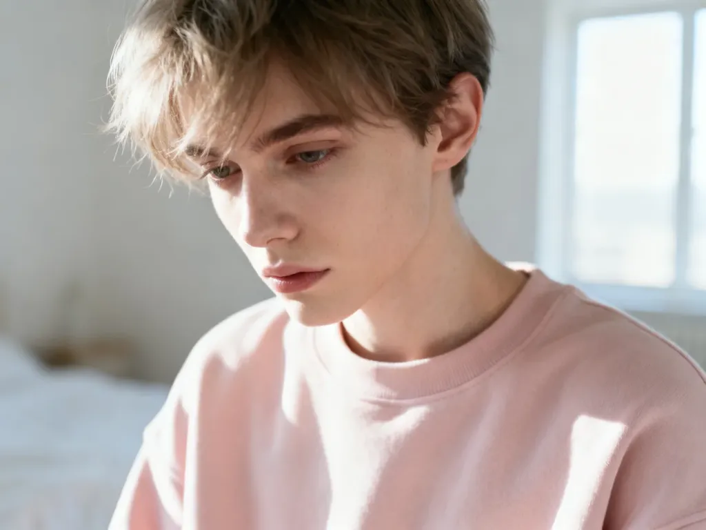 Osoba o androgynicznej urodzie w pastelowym swetrze, prezentująca delikatną estetykę stylu femboy w jasnym wnętrzu.