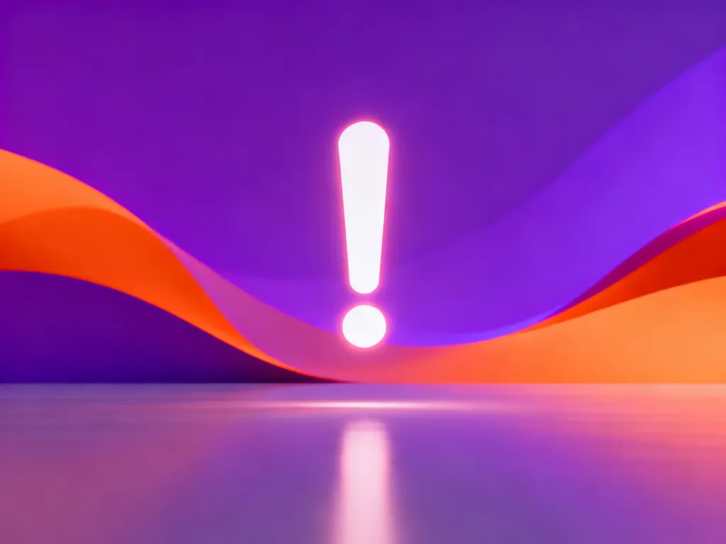 Minimalistyczna grafika z neonowym wykrzyknikiem na fioletowo-pomarańczowym tle, symbolizująca energię i entuzjazm.