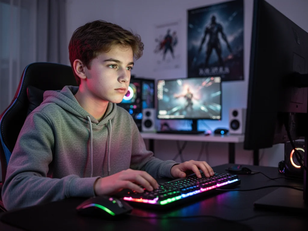 Nastolatek-gamer przy biurku, wpatrzony w świecący ekran i klawiaturę RGB, ilustrujący klimat kultury 1337.