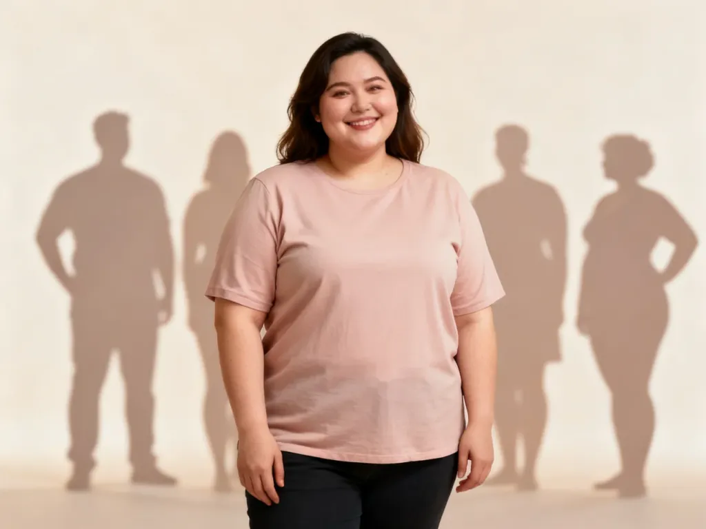 Pewna siebie kobieta plus size na pastelowym tle, sylwetki w tle podkreślają różnorodność ciał i ideę body positive.