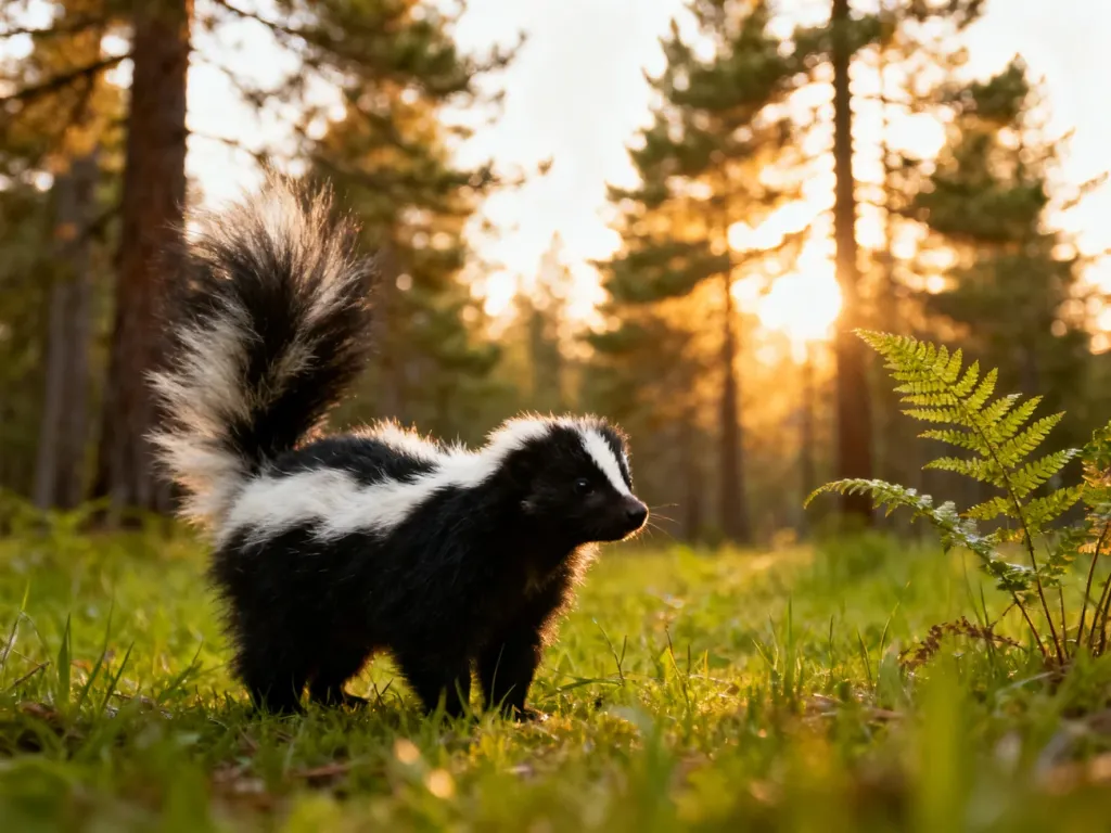 Skunks z charakterystycznym czarno-białym umaszczeniem stojący na leśnej polanie w świetle zachodzącego słońca.