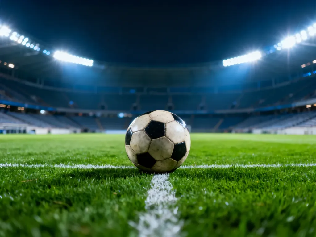 Nowoczesny stadion piłkarski nocą z murawą i piłką na środku boiska, gotowy do rozpoczęcia meczu.