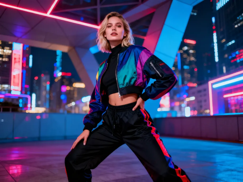 Pewna siebie kobieta w modnym streetwearze pozująca na tle nowoczesnego miasta, uosabiająca styl i pewność siebie.