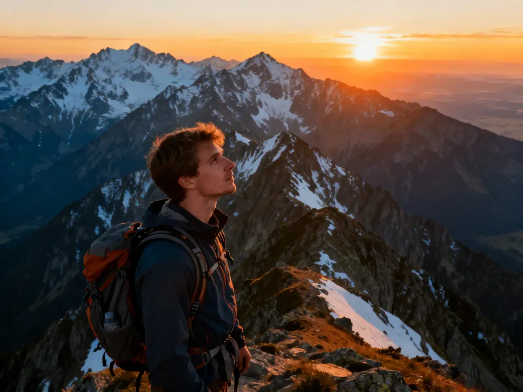 Młody mężczyzna w stroju trekkingowym podziwia wschód słońca nad ośnieżonymi szczytami Tatr.