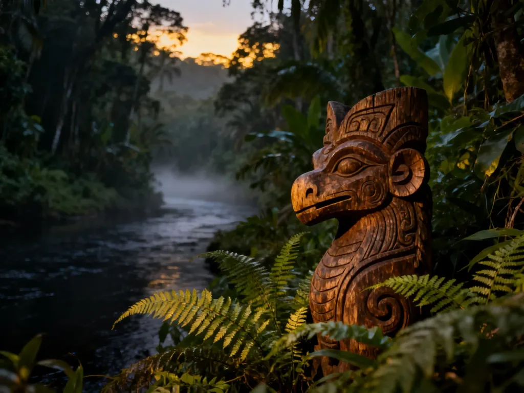 Tajemniczy drewniany totem w gęstej, afrykańskiej dżungli o zmierzchu, nawiązujący do legendy o Mokebe.