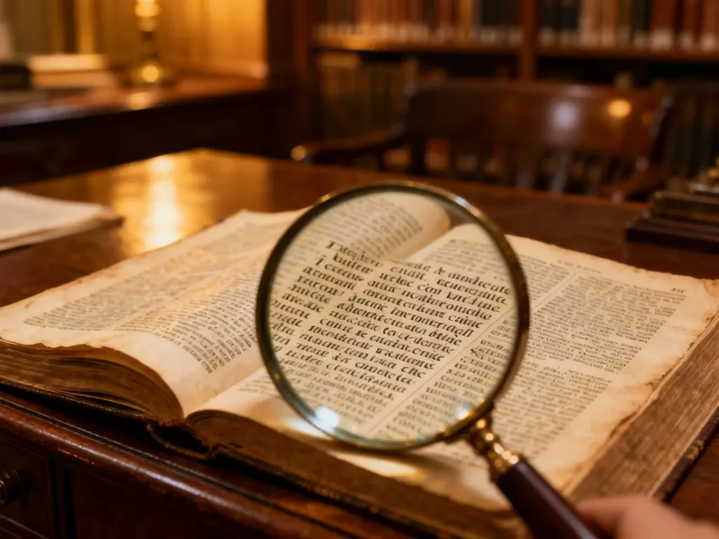 Otwarty słownik z lupą na drewnianym biurku w przytulnej bibliotece, symbolizujący poszukiwanie znaczenia długich słów.