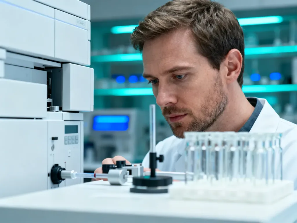 Specjalista obsługujący nowoczesny sprzęt do chromatografii cieczowej w profesjonalnym laboratorium analitycznym.