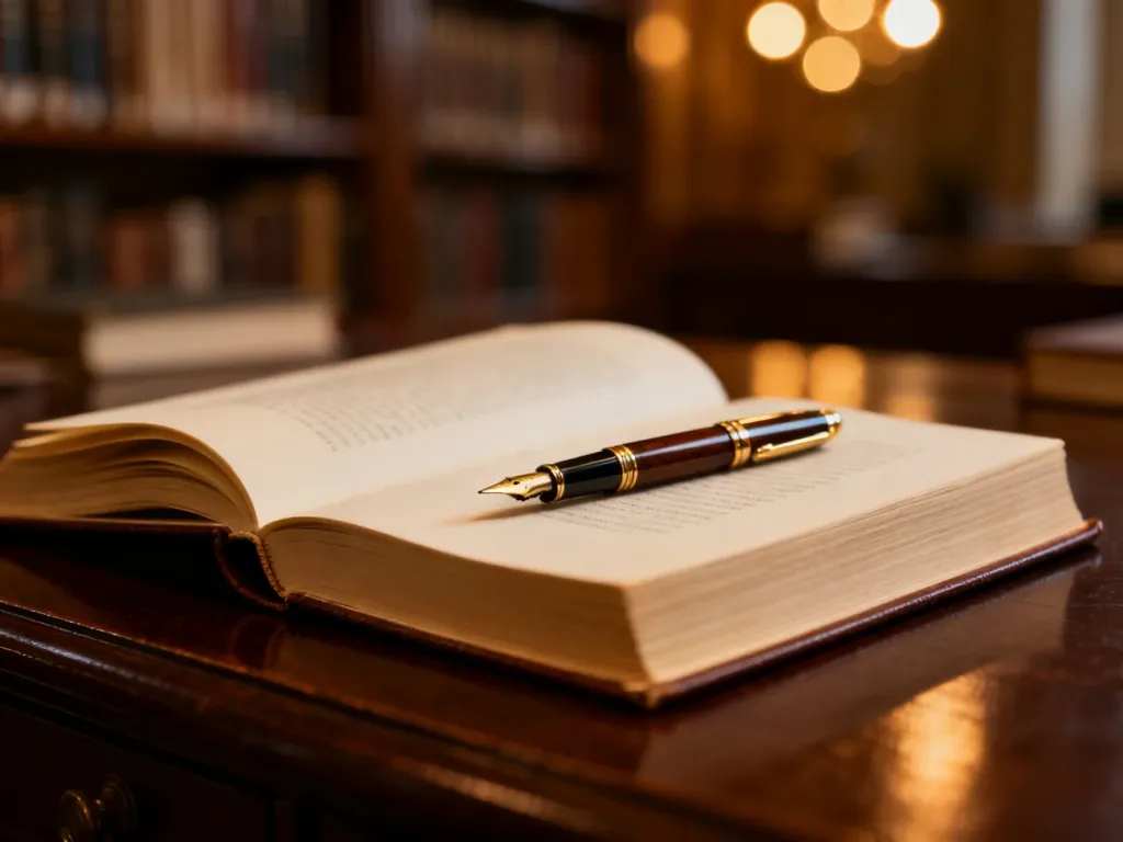 Otwarte książka z piórem wiecznym na drewnianym biurku w przytulnym, bibliotecznym klimacie.