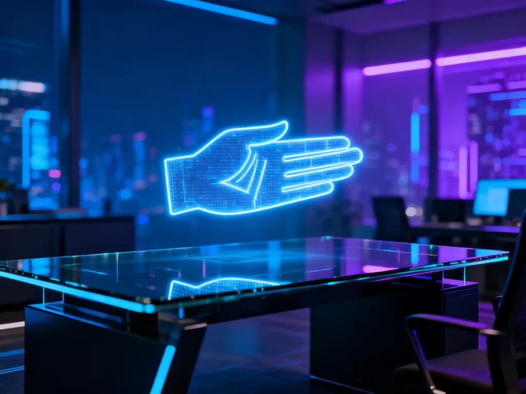 Holograficzny symbol salutu na tle futurystycznego miasta, ilustrujący nowoczesne znaczenie skrótu O7 w komunikacji.