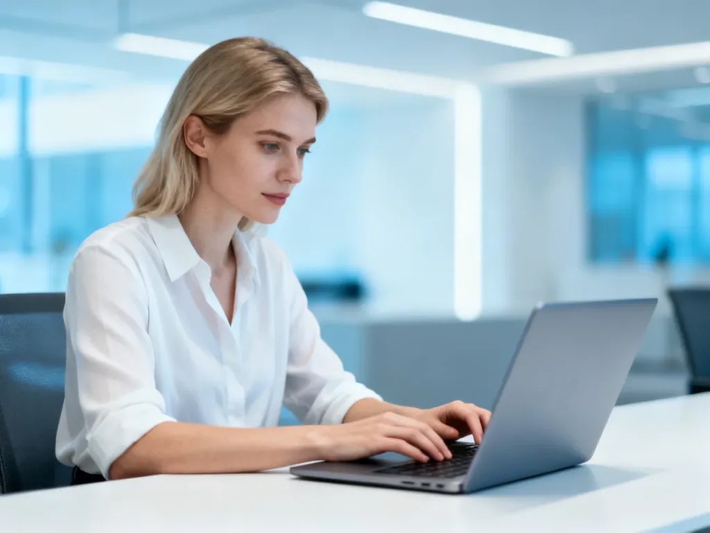 Kobieta pracująca przy laptopie w nowoczesnym, jasnym biurze, co ilustruje korzystanie z platformy cyfrowej.