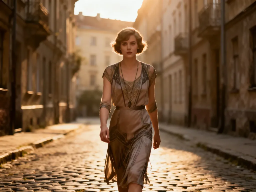 Elegancka kobieta w stylu lat 20. spacerująca brukowaną uliczką starego miasta w nostalgicznym, filmowym klimacie.