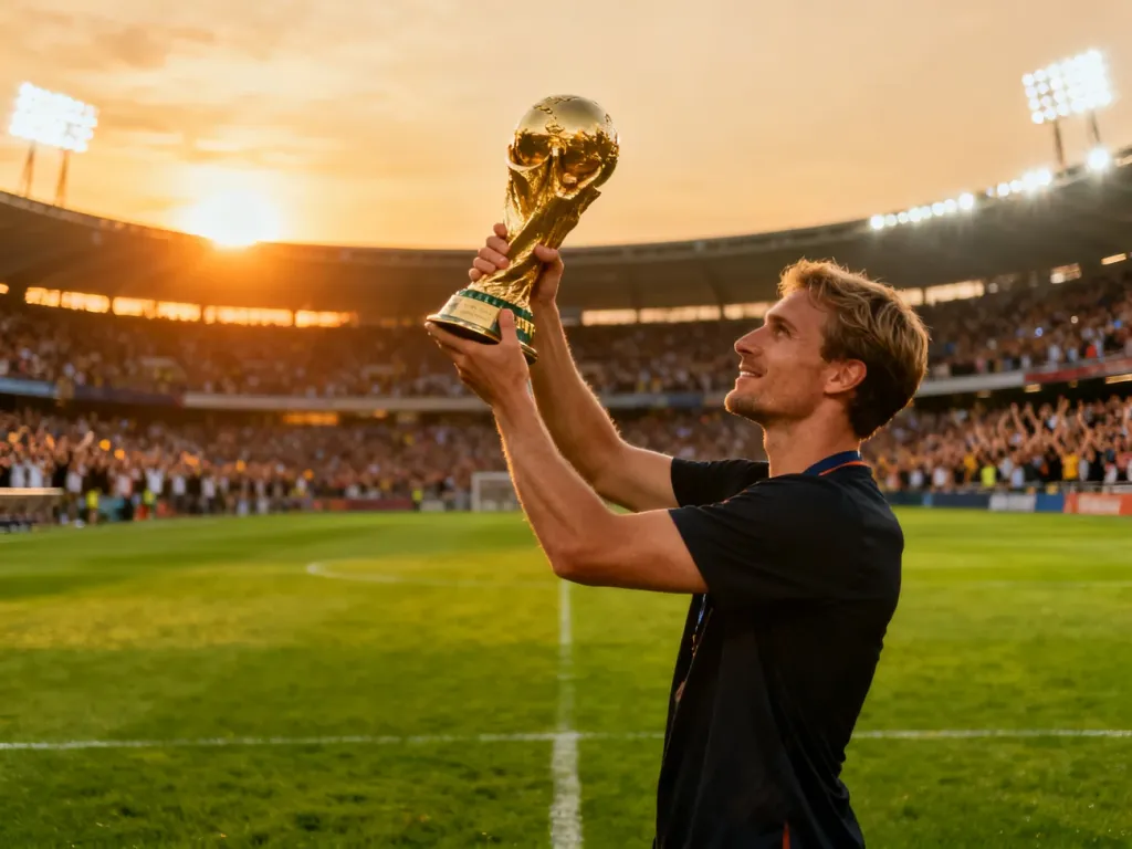 Zwycięzca Pucharu Narodów Afryki wznoszący złote trofeum na stadionie w blasku zachodzącego słońca.