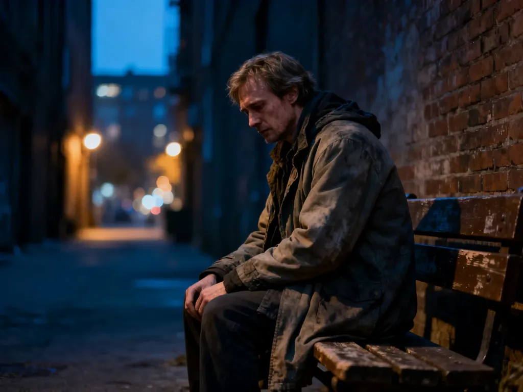 Samotny, zmęczony mężczyzna w znoszonym płaszczu siedzi na ławce w miejskiej alejce o zmierzchu, tworząc melancholijny nastrój.