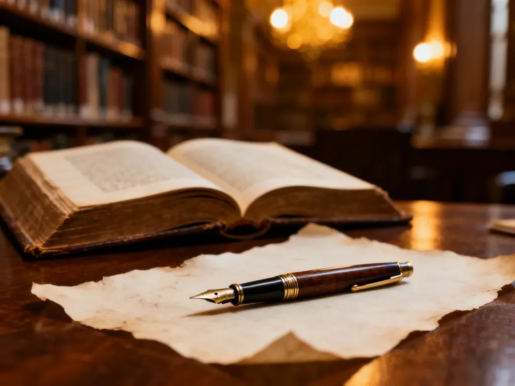 Stara księga z piórem na drewnianym biurku w bibliotece, symbolizująca analizę etymologiczną i historyczny kontekst słów.