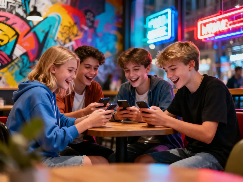Grupa nastolatków w nowoczesnej kawiarni rozmawia i korzysta ze smartfonów, co podkreśla dynamiczny charakter języka młodzieży.