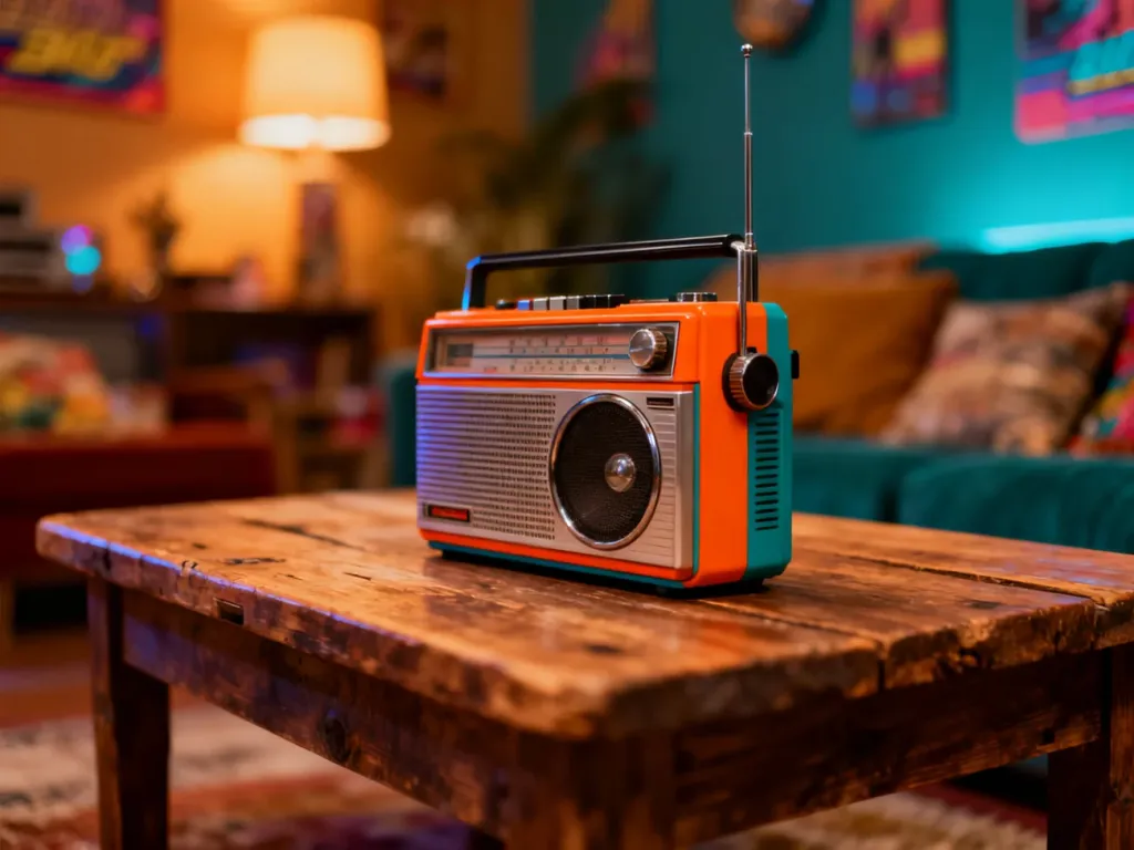 Stare, kolorowe radio w stylu retro na drewnianym stole, przywołujące nostalgiczny klimat lat 90.