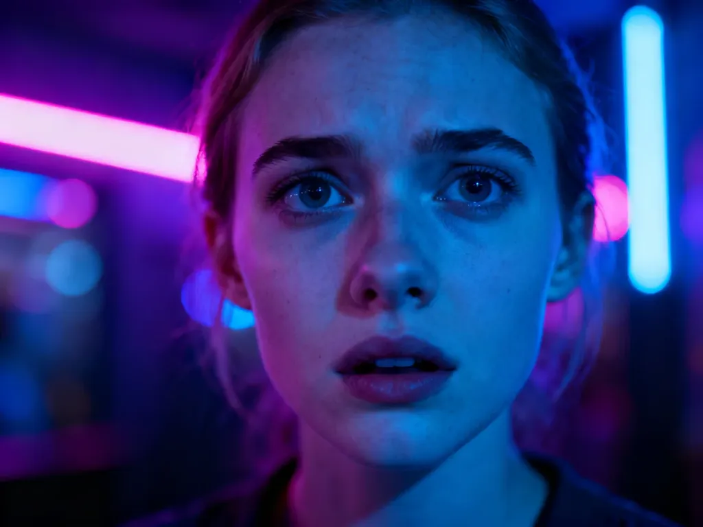 Młoda kobieta o zdezorientowanym wyrazie twarzy na tle rozmytych neonów, ilustrująca odurzenie substancjami psychoaktywnymi.