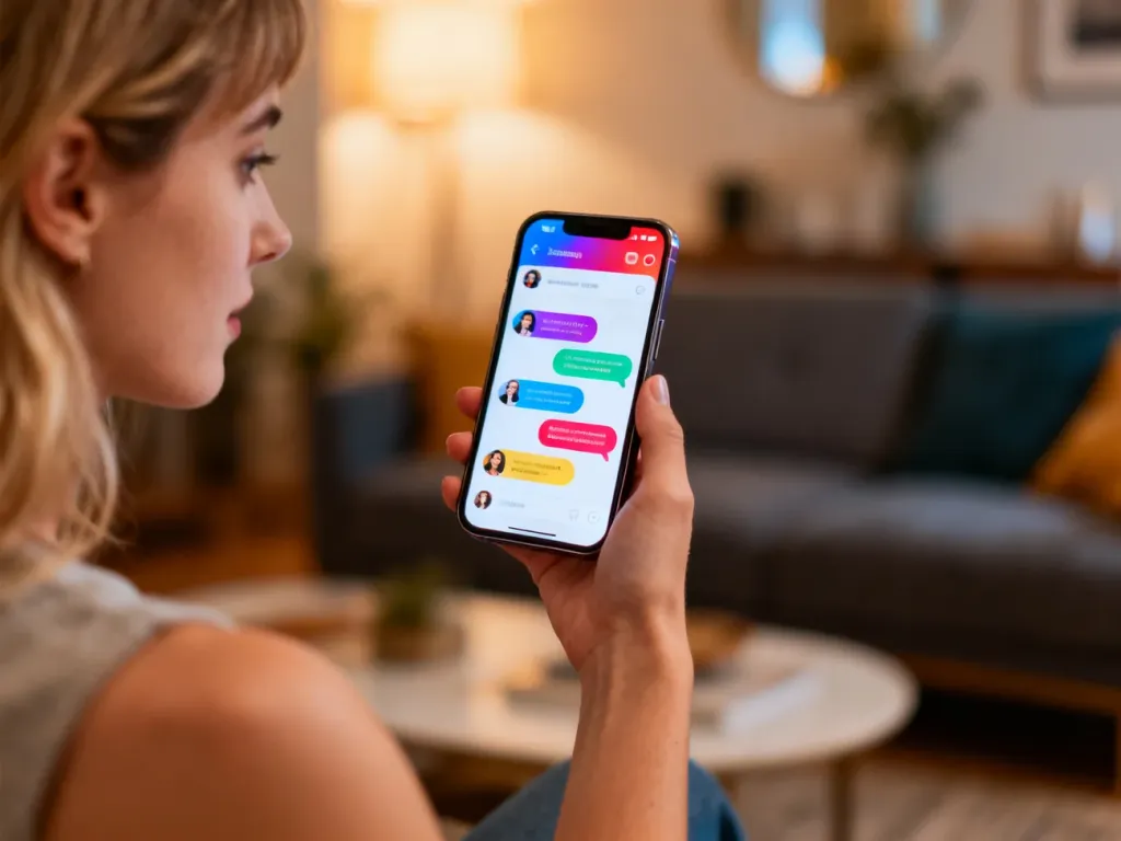 Kobieta trzymająca smartfon z otwartą aplikacją do anonimowych wiadomości w przytulnym, domowym wnętrzu.