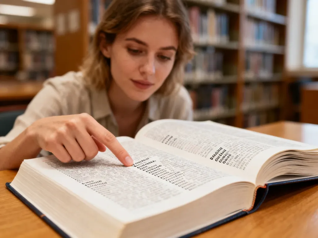 Otwarty słownik polsko-ukraiński na drewnianym biurku, na który wskazuje palcem kobieta w przytulnej bibliotece.