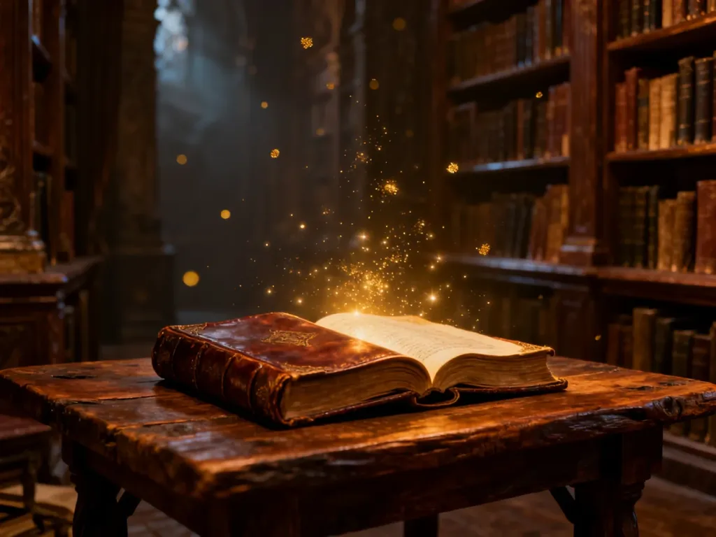 Otwarta, magicznie świecąca księga na drewnianym stole w klimatycznej bibliotece, symbolizująca odkrywanie tajemnic lore.