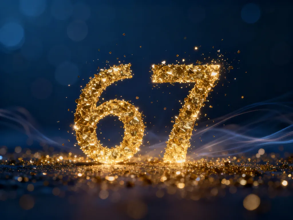 Złota, świetlista liczba 67 utworzona z unoszących się cząsteczek na eleganckim, granatowym tle.
