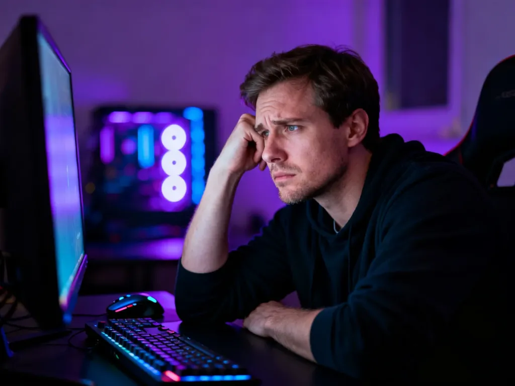 Znudzony mężczyzna siedzący przed monitorem w przyciemnionym pokoju z neonowym oświetleniem, ilustrujący znaczenie emotikony.