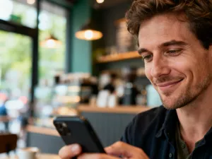 Uśmiechnięta kobieta trzymająca smartfon w domowym biurze, ilustrująca pracę twórcy treści w serwisie OnlyFans.