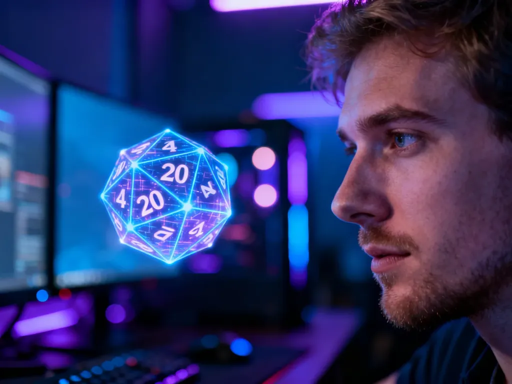 Gracz wpatruje się w hologram dwudziestościennej kości, symbolizujący losowość mechaniki RNG w grach wideo.