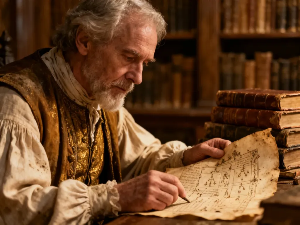 Starszy mężczyzna w historycznym stroju analizuje stary pergamin genealogiczny w klimatycznej bibliotece.