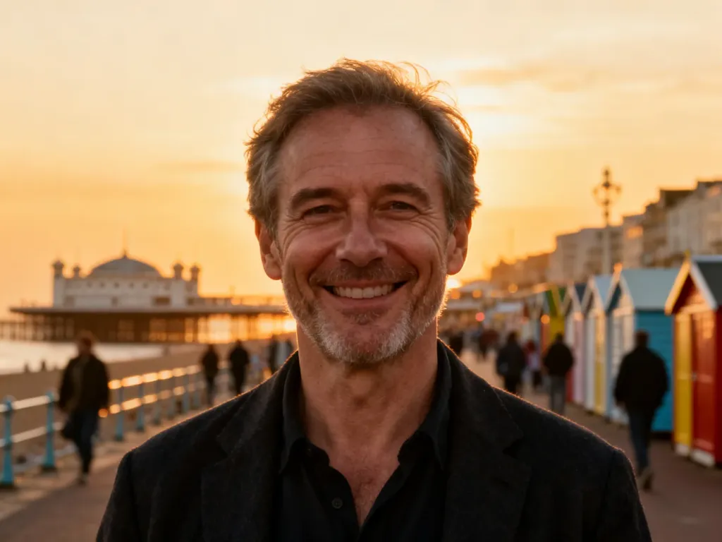 Mariusz z Brighton uśmiecha się na tle nadmorskiej promenady i molo w Brighton podczas zachodu słońca.